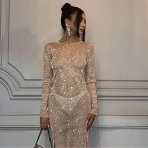 Sheer Mesh nude beige sequin long sleeve maxi dress - size small - sparkly